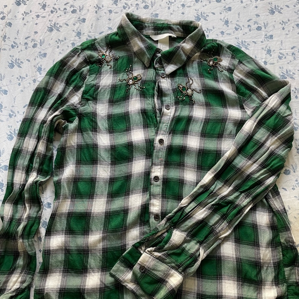 H&M Beaded Plaid Button Up